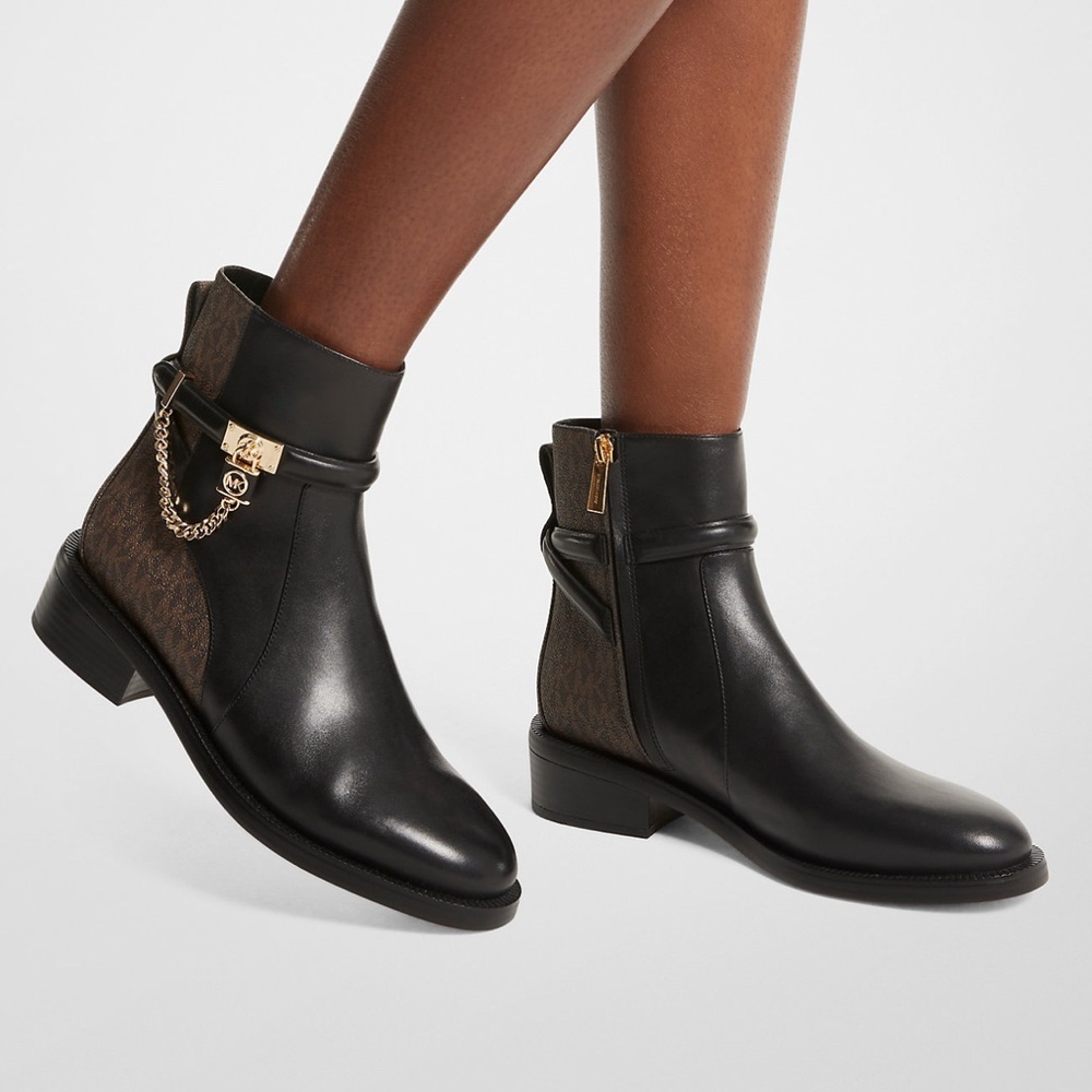 MICHAEL Michael Kors Hamilton Embellished Leather and Logo Ankle Boot